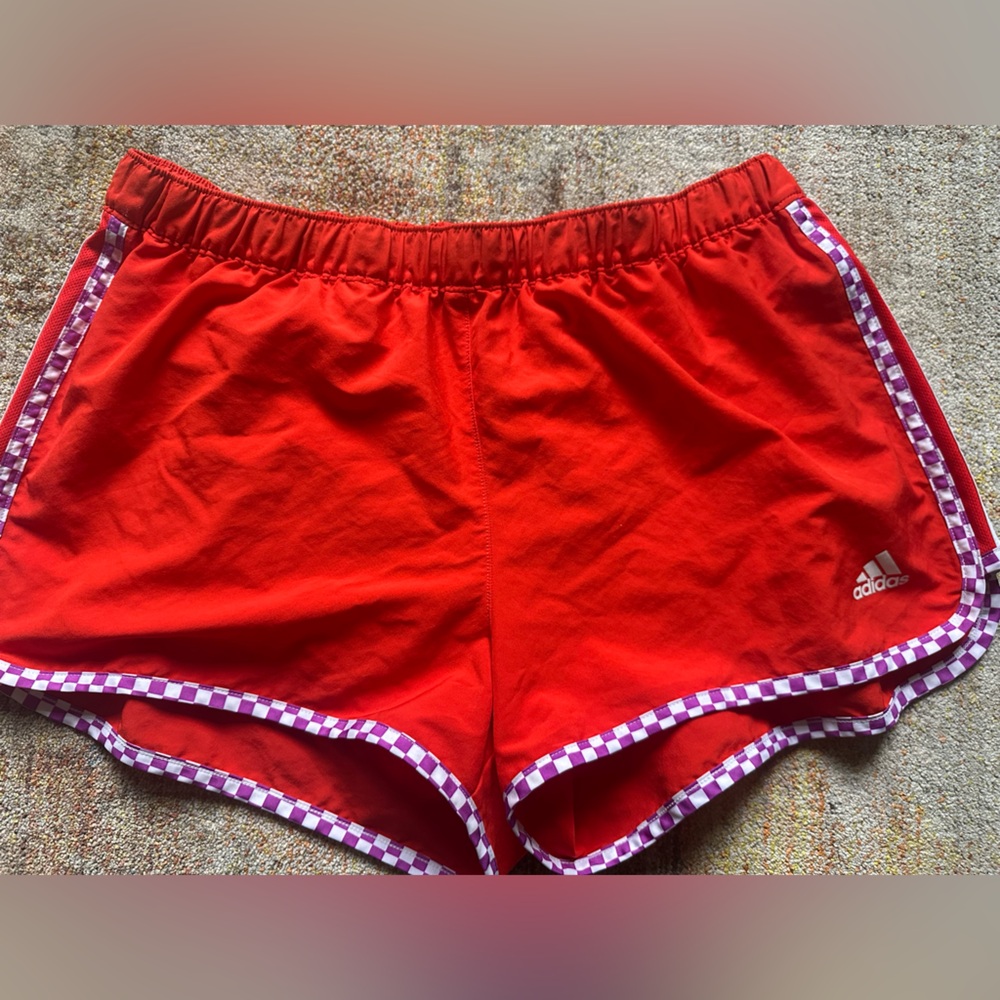 Adidas Red Shorts with Purple Checkered Trim